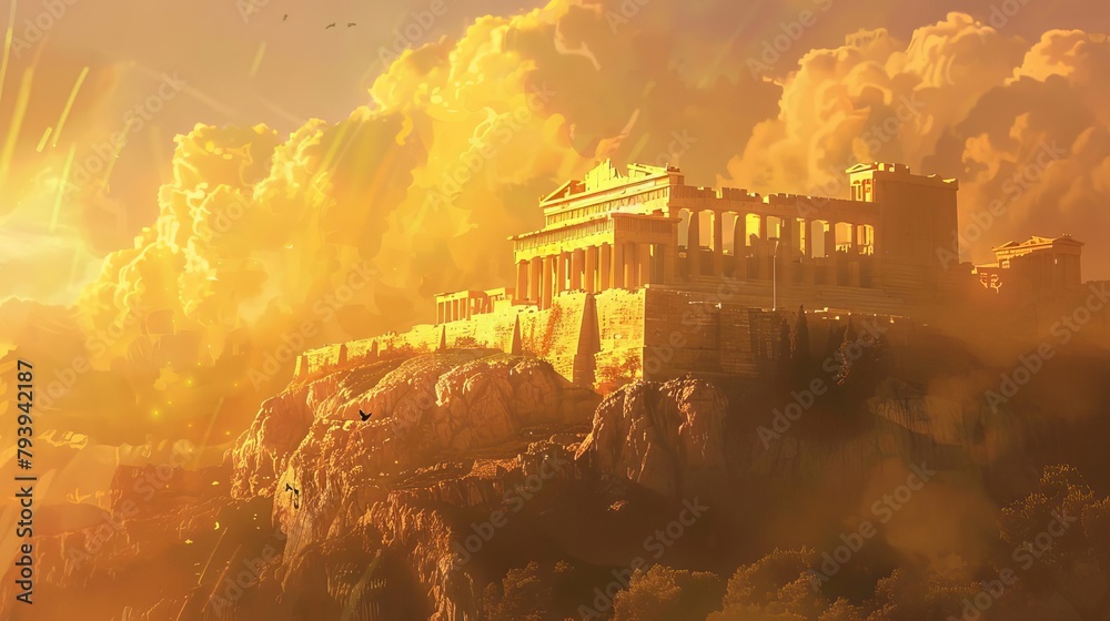 Fototapeta premium ancient acropolis of athens bathed in golden light iconic greek landmark on sacred hill digital illustration