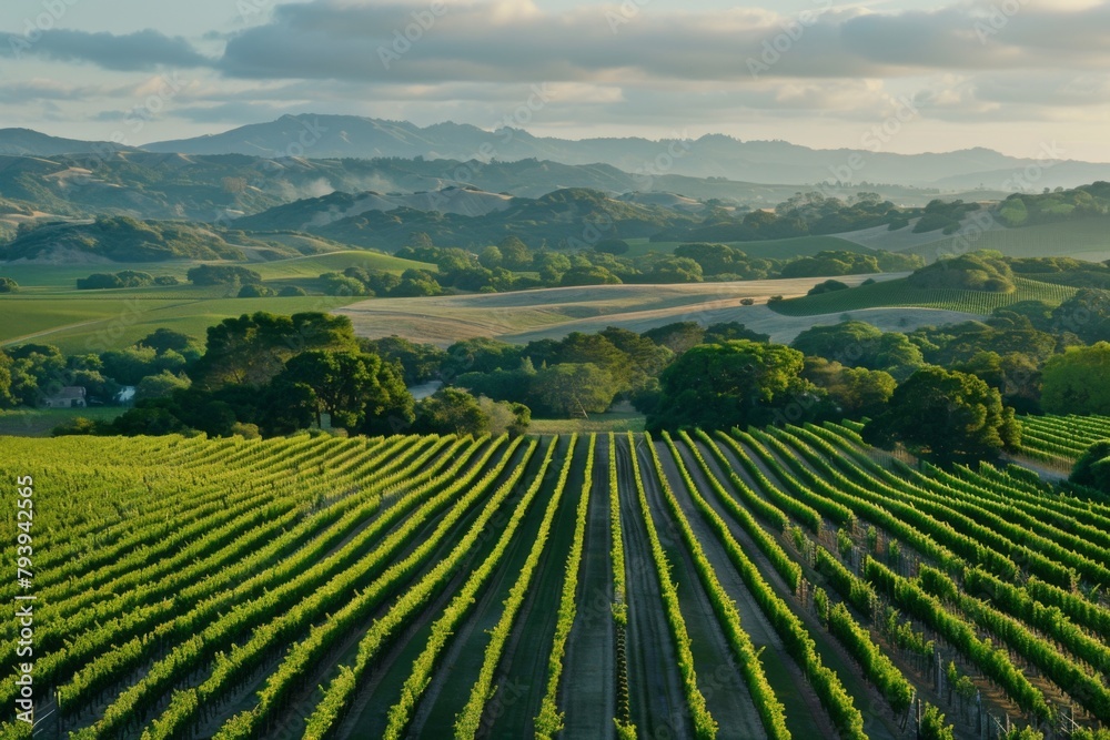 A breathtaking view of a lush vineyard at sunset, featuring neat rows of vines stretching towards rolling hills and a soft, golden sky.