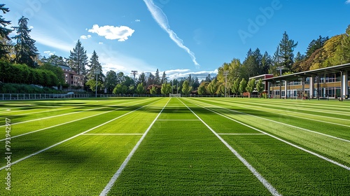 American football field with green turf and white lines photo