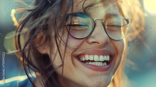 A joyful woman laughs with abandon, her eyes sparkling behind stylish glasses, embodying the carefree essence of a sunny day.