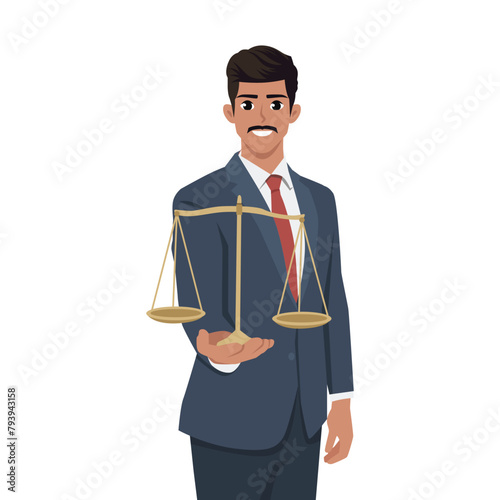Young indian man lawyer holding scale of justice.  Flat vector illustration isolated on white background