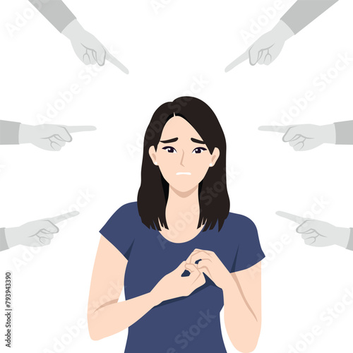 Sad or depressed young asian woman surrounded by hands with index fingers pointing at her.  Flat vector illustration isolated on white background