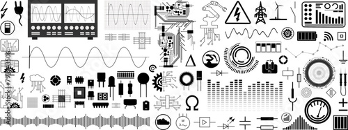 Großes Vektor Set Technologie Elemente der Elektrotechnik und Elektronik - Schaltzeichen und Symbole - Bauelemente - Messwerte und Kurven - Messtechnik