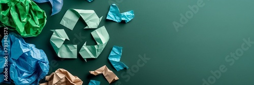 A graphic representation of the recycling concept with crumpled paper balls forming the universal recycling symbol on a solid green background photo