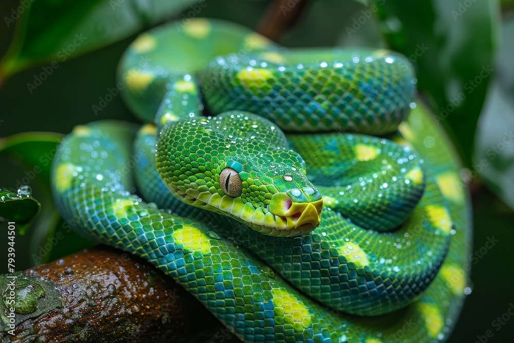 Fototapeta premium Emerald Tree Boa: Coiled on a tree branch with vibrant emerald green scales, contrasting with the environment