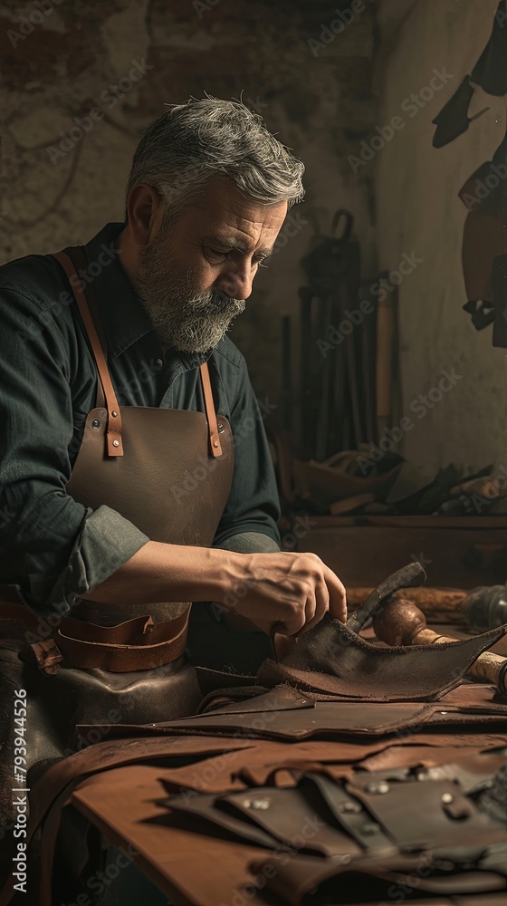 Master tanner in his leather workshop working on a leather wallet Master tanner in his leather workshop working on a leather wallet