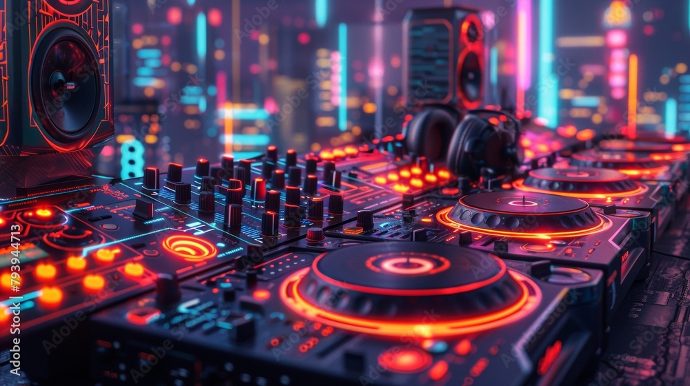 Close-up of a vibrant 3D DJ setup with glowing neon controls Close-up of a vibrant 3D DJ setup with glowing neon controls