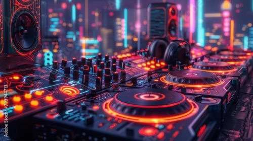 Close-up of a vibrant 3D DJ setup with glowing neon controls © Natalia