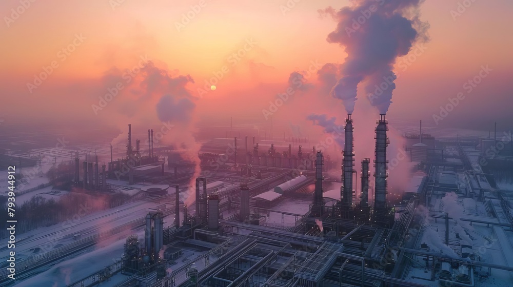 closeup of oil refinery plant in industrial zone at sunrise aerial drone photography