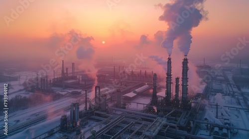 closeup of oil refinery plant in industrial zone at sunrise aerial drone photography