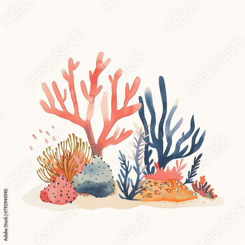 Minimalistic watercolor illustration of a coral reef seascape on a white background  cute and comical.