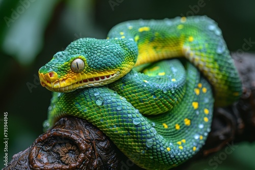 Emerald Tree Boa: Coiled on a tree branch with vibrant emerald green scales, contrasting with the environment