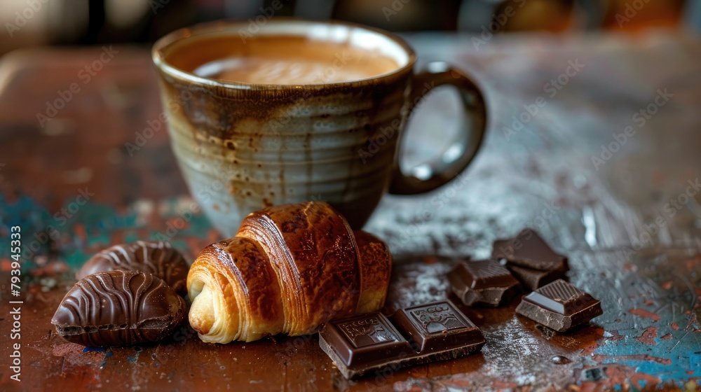 A mug of coffee a pastry and four chocolate pieces A mug of coffee a pastry and four chocolate pieces