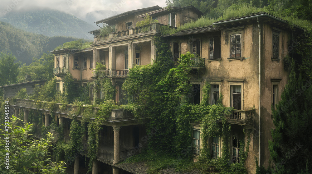 This image shows a large, abandoned hotel. The hotel is covered in vines and plants, and the windows are broken. The sky is cloudy and there is a hint of sunlight peeking through the clouds.