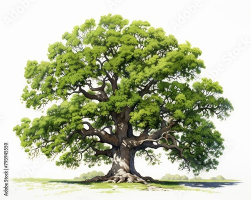 A large, majestic oak tree with a thick trunk and long, drooping branches.