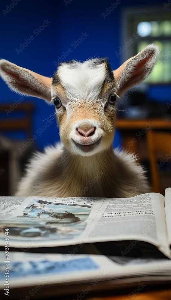 A baby goat wearing reading glasses is sitting at a desk and reading the newspaper.