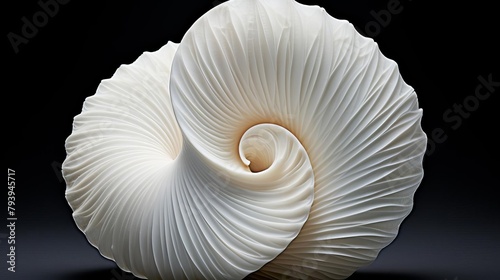 A 3D rendering of a white seashell on a black background.