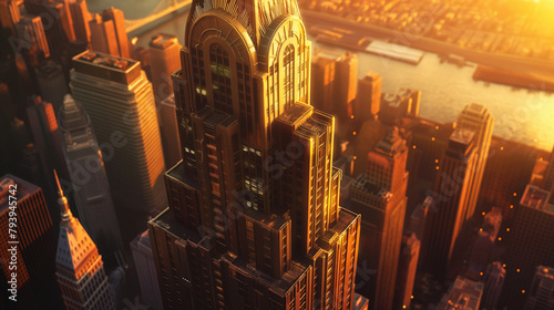 The image shows a city with many tall buildings. The buildings are mostly made of glass and metal, and they are reflecting the sunlight. The sun is setting, and the sky is a bright orange color. There