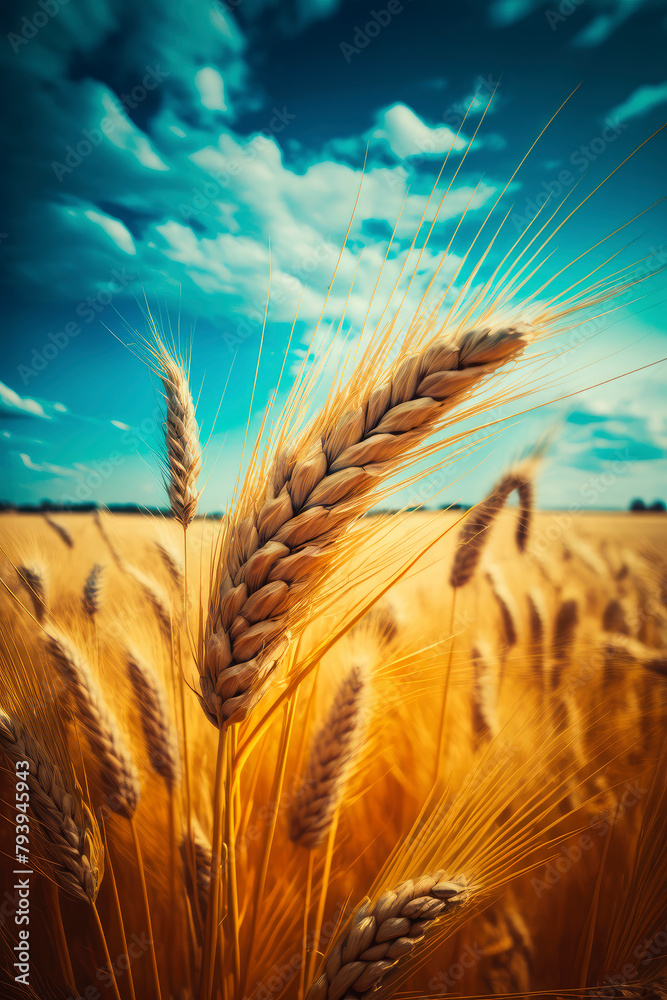 Fototapeta premium Wheat field yellow spikelets and sky. Generative AI,