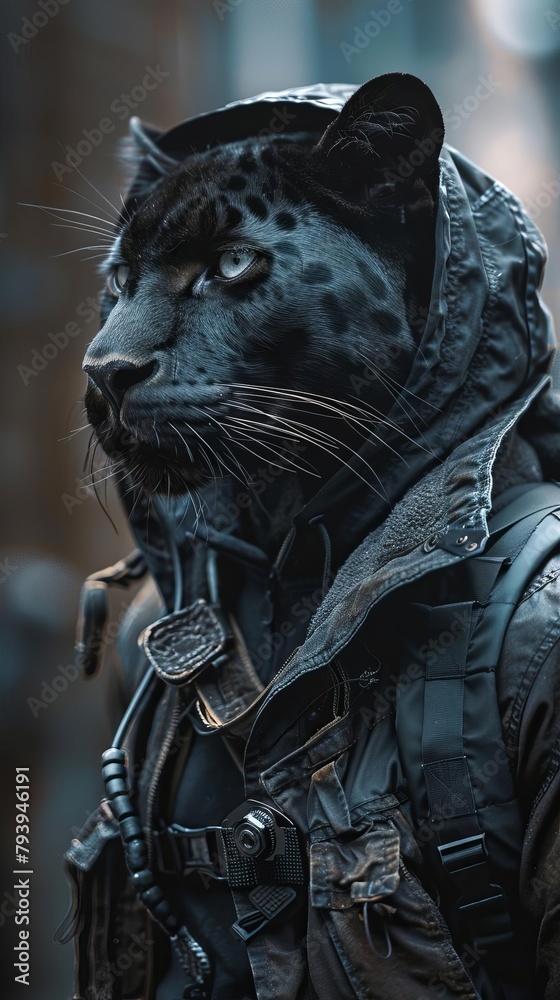 Fototapeta premium A black panther wearing a black tactical vest and a black hood