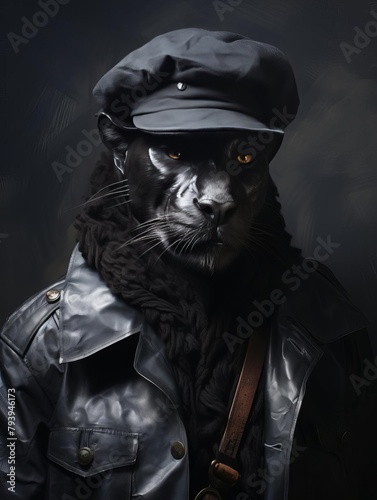 A black panther wearing a black leather cap and jacket