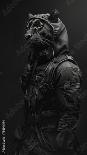 A black panther wearing a black tactical suit