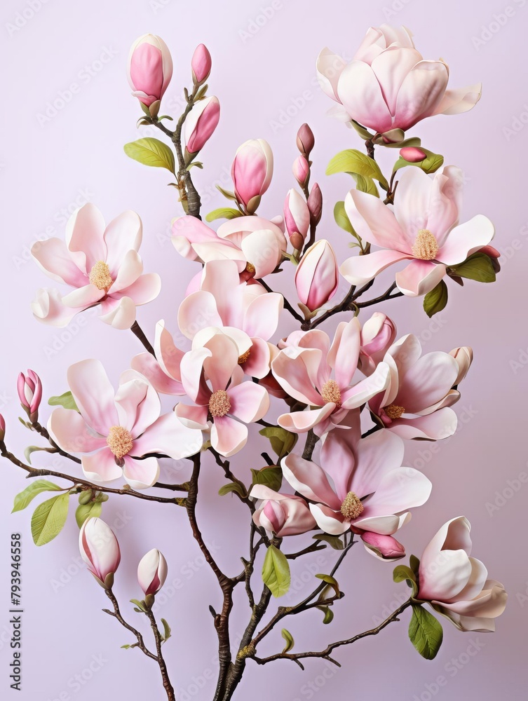 A branch of pink magnolia flowers with buds against a pale pink background. A branch of pink magnolia flowers with buds against a pale pink background.