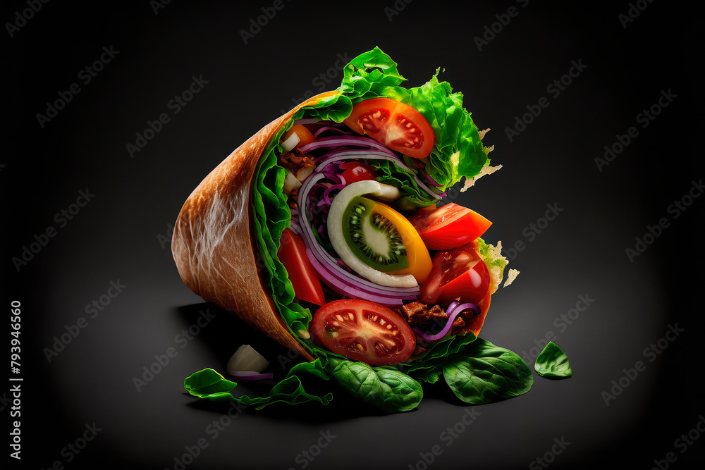 Naklejka premium kebab wrap, product studio photo, dark black background, fresh salad tomato onion, illustration generative ai