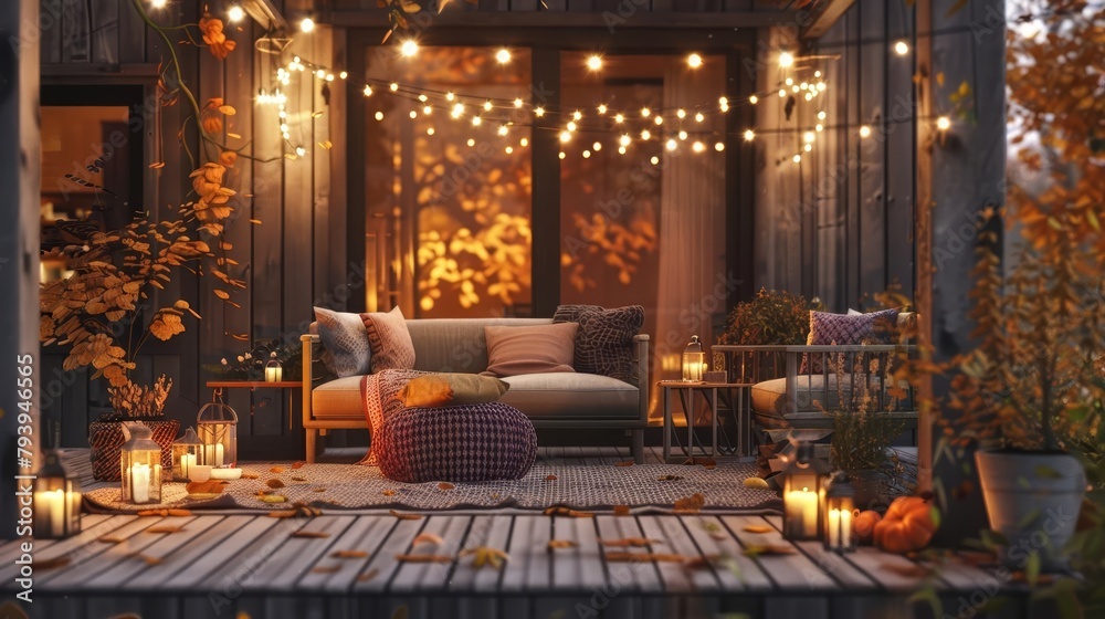 cozy outdoor terrace with string lights and autumn decor digital illustration