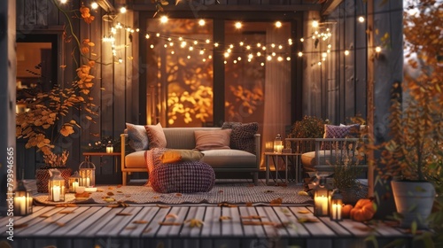 cozy outdoor terrace with string lights and autumn decor digital illustration