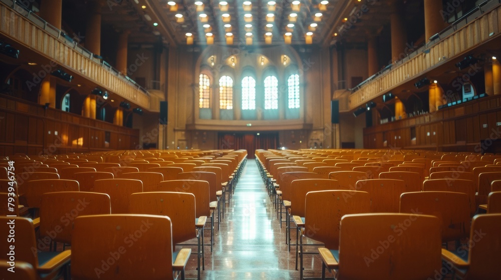 interior of a conference hall or cinema or theater with red armchair