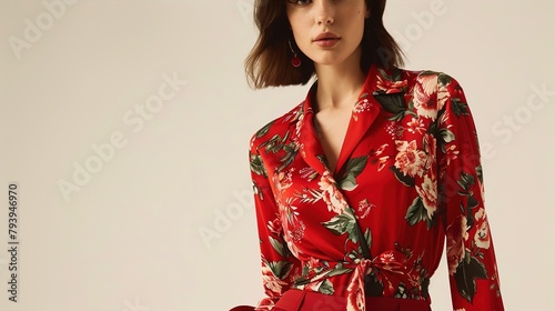 a sleek wrap blouse in a bold floral print, paired with tailored trousers and pointed-toe pumps, adding a touch of femininity to professional attire.
