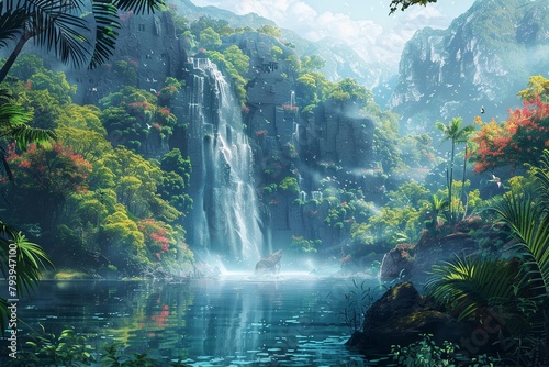 Gorgeous Imaginary Setting featuring a Waterfall amid Dense Tropical Foliage. Serene Lake, Weathered Ruins & Cavern within a Verdant Forest. AI-generated Artwork.