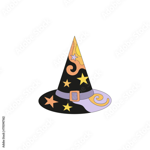 Retro groovy magic witch or wizard hat decorated with stars vector illustration isolated on white. Hand drawn linear style mystery hag costume acessory print poster postcard design. October 31st