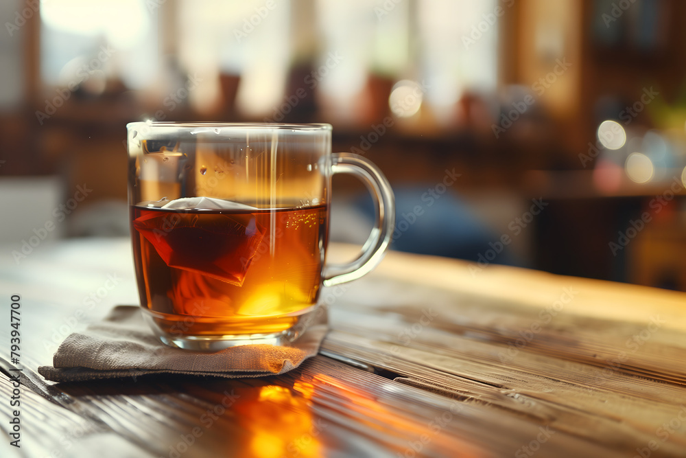 A glass cup filled with tea. The cup is standing on a rustic wooden table, the sun shines on the cup