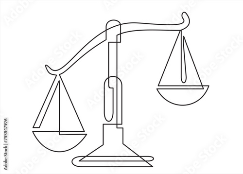 One continuous line drawing of law balance and scale of justice. Symbol and logo of equality and outline concept court in simple linear style. Libra icon. Doodle vector illustration