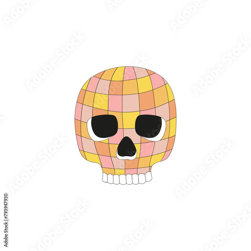 Retro groovy spooky disco ball in the form of human skull vector illustration isolated on white. Hand drawn linear style creepy braincase mirror ball print poster postcard design. October 31st