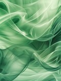 Abstract green background with soft waves and swirls, creating an elegant and fluid design The light effects give the impression of flowing fabric or smoke, adding depth to the composition This patter
