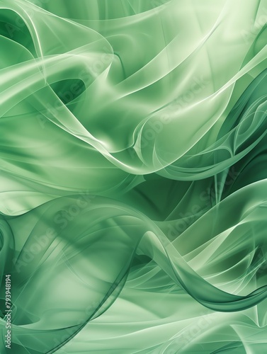 Abstract green background with soft waves and swirls, creating an elegant and fluid design The light effects give the impression of flowing fabric or smoke, adding depth to the composition This patter