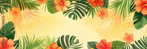 A lush composition of vibrant tropical flowers and green leaves on a warm sunshine-like background, ideal for joyful designs