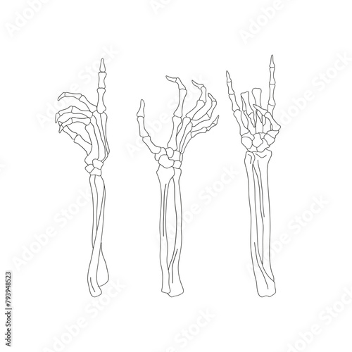 Retro spooky human skeleton bone hand gestures OK rock vector illustration set isolated on white. Hand drawn linear style creepy bones arm print collection. October 31st Halloween holiday party trick