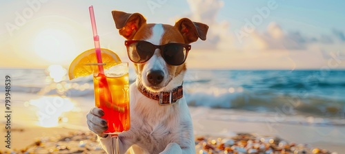 A dog drinks a cocktail on the beach wearing sunglasses banner © Mari