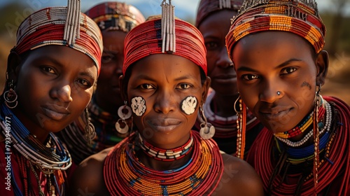 A captivating group of women, bedecked in ornate headdresses, strike a pose for the camera photo