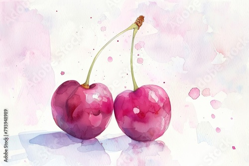 coquette watercolor painting of a pair of cherries, light cutesy pastel colors  photo