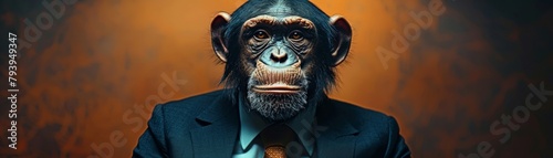 A stylish chimp donning a chic and contemporary outfit complete with a trendy tie. Fashion photography of a sophisticated anthropomorphic primate showcasing a charismatic and human-like demeanor.