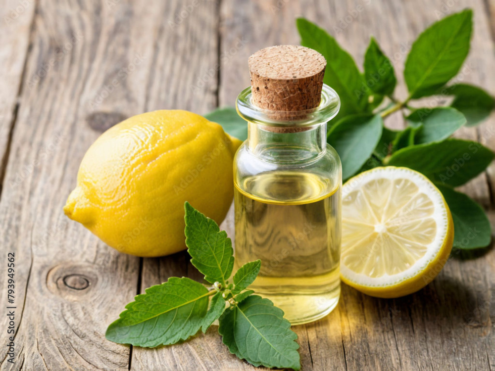 A small transparent glass bottle of melissa oil on a wooden table fresh green melissa leaves and lemon fruit ecofriendly medicinal solution natural background sunny day A small transparent glass bottle of melissa oil on a wooden table fresh green melissa leaves and lemon fruit ecofriendly medicinal solution natural background sunny day