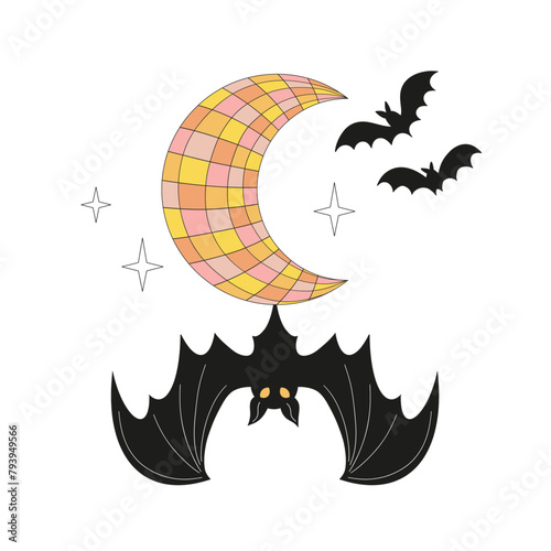 Retro cartoon spooky black bat on crescent in the form of disco ball in the night sky vector illustration isolated on white. Hand drawn linear style mystery flittermouse on the half moon print poster