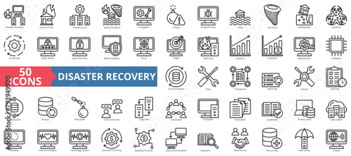 Disaster recovery icon collection set. Containing house on fire, infrastructure, natural disaster, it support, threats, computer virus, flood icon. Simple line vector.