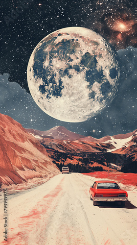 A red car is driving down a road in front of a large moon. The scene is set in a mountainous area with a starry sky above