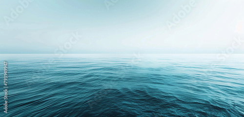 A panoramic view of a calm sea, the intensity of the ocean's blue gently faded near the horizon where it meets a pale, washed-out sky,32k, full ultra hd, high resolution photo